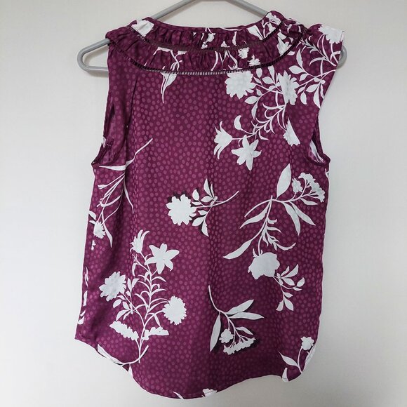 Ann Taylor Plum and White Floral Cutout Tie Neck Shell, XS - Picture 2 of 5